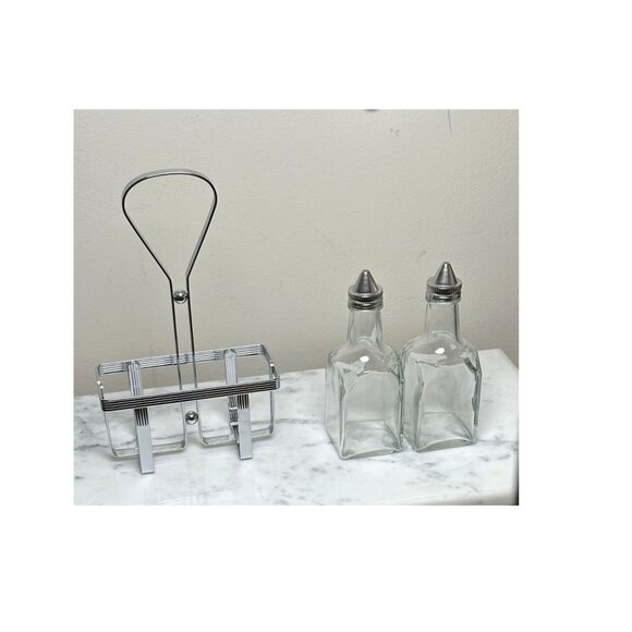 Vintage Oil & Vinegar Cruet Set with Metal Rack Glass Bottles Mid-Century Modern - Picture 2 of 7